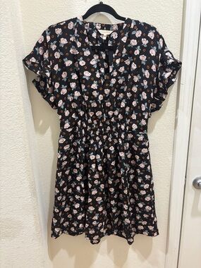 REBECCA TAYLOR Floral Elastic-Waist Dress in Black and Pink